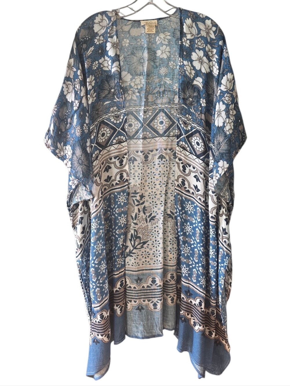 Nalini Blue Floral Patterned Open-Front Kimono One Size Fits Most